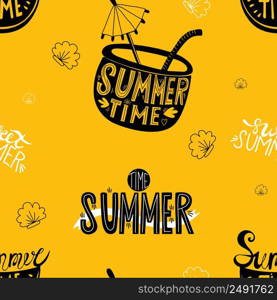 Seamless summer pattern. slice of watermelon and cocktail with straw with lettering summer time on yellow background with seashells. Vector illustration for design, decor, wallpapers and packaging