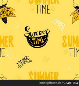 Seamless summer pattern. Watermelon slice and ice cream with lettering Summer and sweet time on yellow background with seashells. Vector illustration For design, decor, wallpapers, textiles, printing