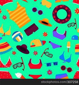 Seamless summer pattern with beach objects and accessories. Vector illustration. Seamless summer pattern with beach objects and accessories