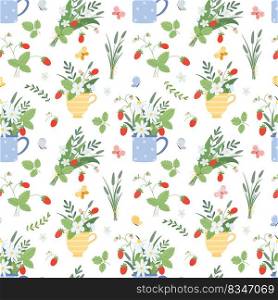 Seamless summer pattern with butterflies and bouquets of wildflowers and wild strawberries. Vector illustration isolated on white background. Suitable for printing on fabrics, covers, etc.. Seamless summer pattern with butterflies and bouquets of wildflowers and wild strawberries.