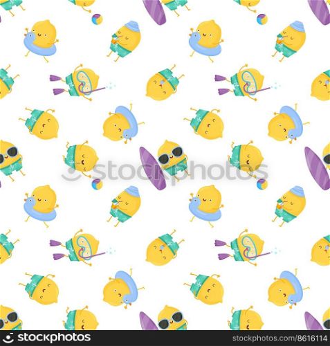 Seamless summer pattern with funny characters. Cute lemons are having fun. Illustrations of summer fun in the pool, at the sea and on the beach.. Seamless summer pattern with funny characters. Cute lemons are having fun.