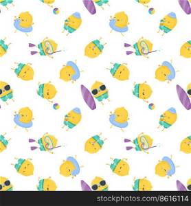 Seamless summer pattern with funny characters. Cute lemons are having fun. Illustrations of summer fun in the pool, at the sea and on the beach.. Seamless summer pattern with funny characters. Cute lemons are having fun.