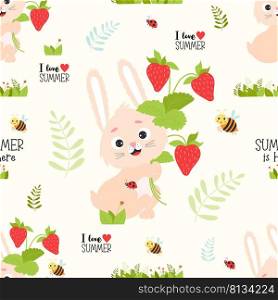 Seamless summer pattern with rabbit. Cute bunny with bouquet of strawberries and bee on white background with lettering - I love summer. Vector illustration for kids collection, design, packaging