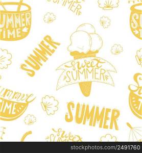 Seamless summer Vector pattern. slice of watermelon, cocktail and ice cream with inscription Sweet Summer and Summer time on white background with seashells. for design, decor, print, wallpaper