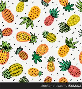 Seamless sunny pineapple pattern. Decorative Pinapple with different textures in warm colors. Exotic fruits background For Fashion print textile fabric covers wallpapers wrap. Vector Summer background. Seamless sunny pineapple pattern. Decorative Pinapple with different textures in warm colors. Exotic fruits background For Fashion print textile fabric covers wallpapers wrap Vector Summer background
