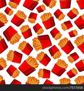 Seamless takeaway paper boxes of french fries pattern for fast food design with bright red packs of crispy potato fries on white background . Seamless takeaway boxes of french fries pattern