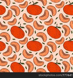 Seamless tangerines and green leaves pattern. Vector illustration for textile, wallpaper and wrapping paper. Seamless tangerines and green leaves pattern. Vector illustration for textile, wallpaper and wrapping paper.