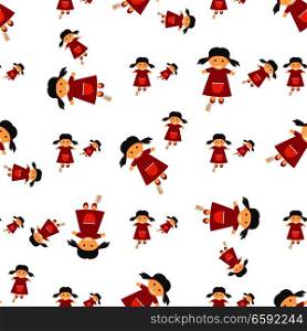 Seamless textile full of dolls with price tags on legs. Vector endless paper of puppets with two dark pigtails, wearing red dresses with pockets on white background. Wrapping pattern for decorations. Seamless Textile Full of Dolls with Price Tags