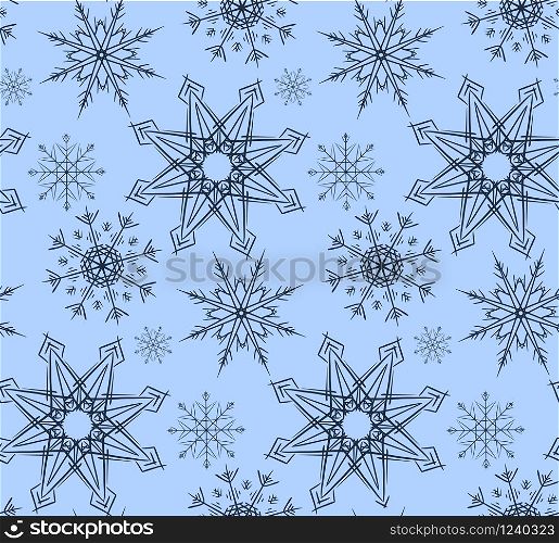 Seamless texture in blue colors with variety of snowflakes. Vector background for wrapping paper, wallpaper, fabric and your design. Seamless texture in blue colors with variety of snowflakes. Vect