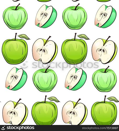 Seamless texture of cartoon green apples of different shapes in row on white background. Children doodle pattern for wallpaper, fabrics, backgrounds and your creativity.. Seamless texture of cartoon green apples of different shapes in row on white background.