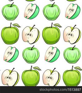 Seamless texture of cartoon green apples of different shapes in row on white background. Children doodle pattern for wallpaper, fabrics, backgrounds and your creativity.. Seamless texture of cartoon green apples of different shapes in row on white background.