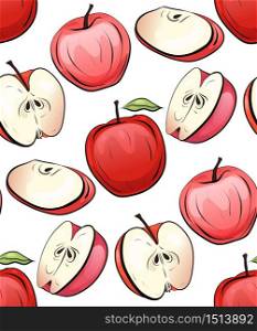 Seamless texture of cartoon red apples of different shapes on a white background. Children doodle pattern for wallpaper, fabrics, backgrounds and your creativity.. Seamless texture of cartoon red apples of different shapes on a white background.