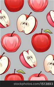 Seamless texture of cartoon red apples of different shapes on grey background. Children doodle pattern for wallpaper, fabrics, backgrounds and your creativity.. Seamless texture of cartoon red apples of different shapes on grey background.