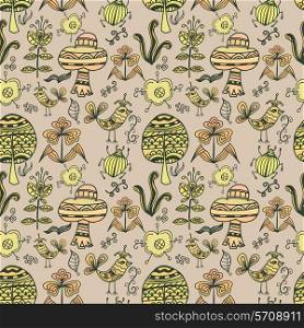 Seamless texture of colorful birds, flowers, insects and trees in a simple style on a light background. Vector illustration.&#xA;