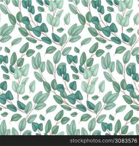 Seamless texture of flat eucalyptus populus on a white background. Cartoon branches with foliage. Natural vector color texture for wallpaper, fabrics and your design.. Seamless texture of flat eucalyptus populus on a white background. Cartoon branches with foliage. Natural vector color texture