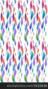 Seamless texture of multicolored feathers in a row on white background. Vector pattern for wallpaper, fabrics and your design. Seamless texture of multicolored feathers in a row on white background.
