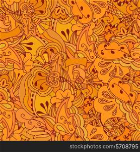 Seamless texture of orange flowers and trees in a simple style. Vector illustration.