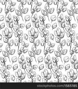 Seamless texture of sketch of eucalyptus populus with hatching on a white background. Engraving branches with foliage. Natural vector black and white texture for wallpaper, fabrics and your design.. Seamless texture of sketch of eucalyptus populus with hatching on a white background. Engraving branches with foliage. Natural vector black and white texture