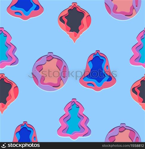 Seamless texture with 3d festive Illustrations of Christmas decorations cut from paper. Vector pattern for fabrics, backgrounds, wallpapers and your creativity. Seamless texture with 3d festive Illustrations of Christmas decorations cut from paper.