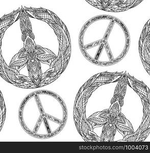 Seamless texture with a black and white peace symbol and a boho pattern on a white background. Vector element for fabrics, wallpaper, wrapping paper and your creativity. Coloring for Adult . Seamless texture with a black and white peace symbol and a boho pattern on a white background.
