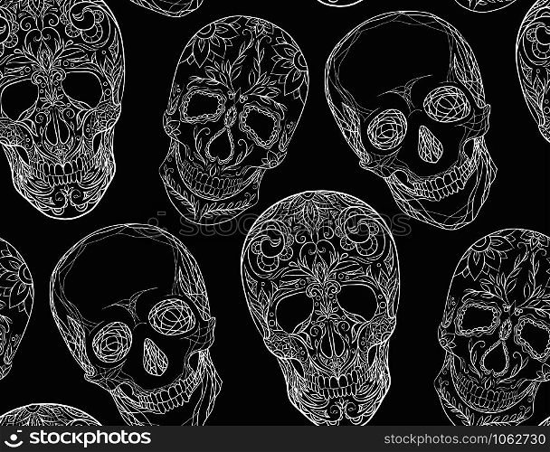 Seamless texture with a contour illustration of sugar skulls. The holiday of the Day of the Dead. Vector pattern for your creativity. Seamless texture with a contour illustration of sugar skulls.