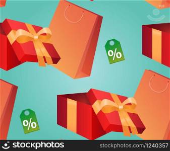 Seamless texture with a gift box, paper bag, and a discount tag. Shopping. Seamless texture with a gift box, paper bag, and a discount tag.