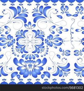 Seamless texture with blue floral ornament. Gzhel style. Vector illustration.