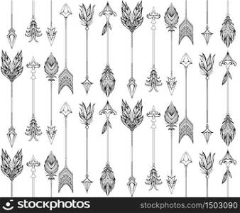 Seamless texture with boho arrows with different tips and plumage. Vector doodle pattern for your creativity. Seamless texture with boho arrows with different tips and plumage.