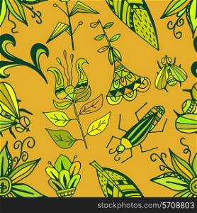 Seamless texture with bright ornaments vegetation and insects on an orange background. Tribal style. Ethno. Vector illustration.