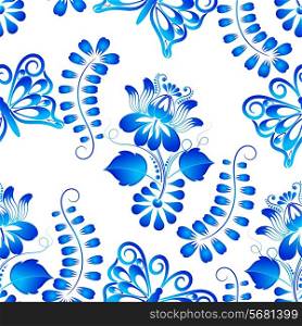 Seamless texture with butterflies and floral patterns in Gzhel style on a white background. Vector illustration.
