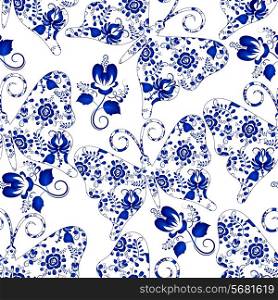 Seamless texture with butterflies and flowers on a white background. Gzhel. Vector illustration.