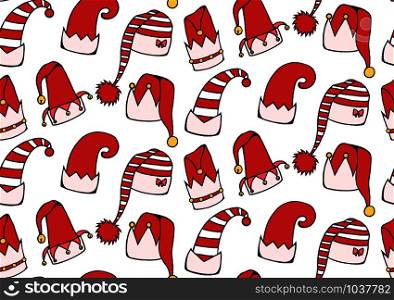 Seamless texture with cartoon elf and Christmas hats. Vector festive background for wrapping paper, backgrounds, fabrics and your creativity. Seamless texture with cartoon elf and Christmas hats. Vector festive background
