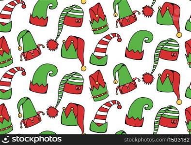Seamless texture with cartoon elf hats. Vector background for wrapping paper, backgrounds, fabrics and your creativity. Seamless texture with cartoon elf hats.