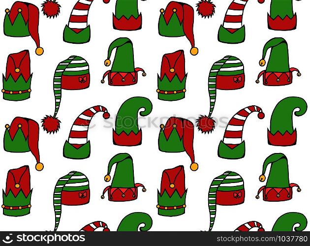 Seamless texture with cartoon elf hats. Vector festive background for wrapping paper, backgrounds, fabrics and your creativity. Seamless texture with cartoon elf hats. Vector festive background
