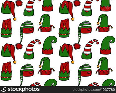 Seamless texture with cartoon elf hats. Vector festive background for wrapping paper, backgrounds, fabrics and your creativity. Seamless texture with cartoon elf hats. Vector festive background