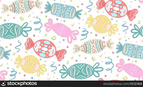 Seamless texture with cartoon multicolored festive candies of various shapes. Vector pattern for your creativity. Seamless texture with cartoon multicolored festive candies of various shapes.