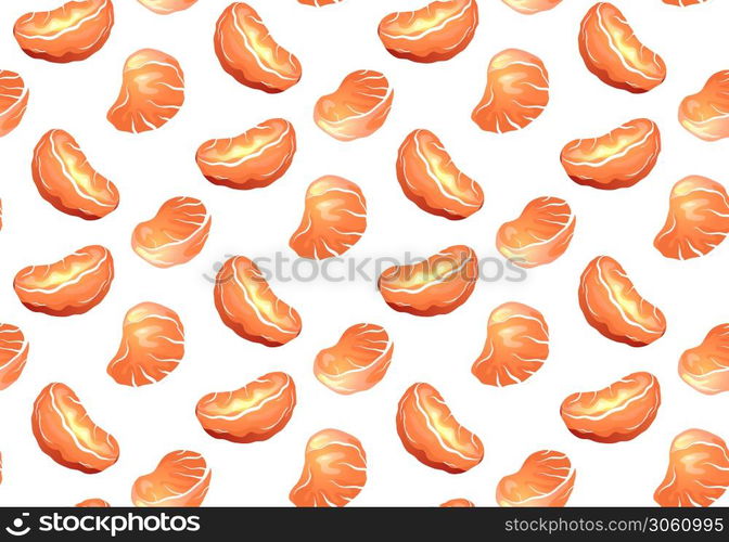 Seamless texture with cartoon orange slice of tangerines on white background. Vector food pattern for fabrics, backgrounds and your design.. Seamless texture with cartoon orange slice of tangerines on white background. Vector food pattern