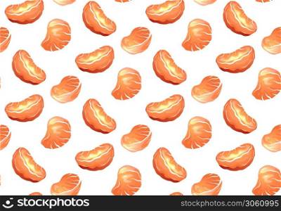 Seamless texture with cartoon orange slice of tangerines on white background. Vector food pattern for fabrics, backgrounds and your design.. Seamless texture with cartoon orange slice of tangerines on white background. Vector food pattern
