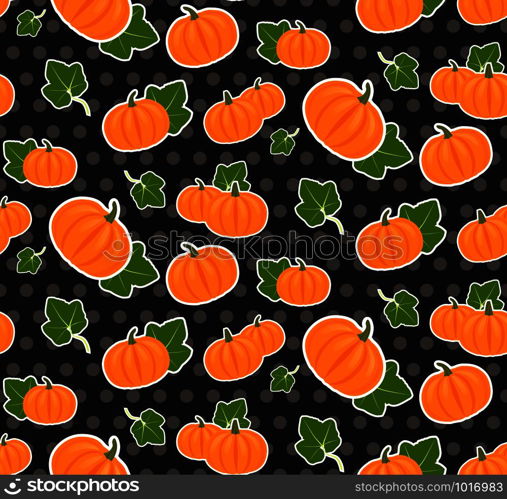Seamless texture with cartoon pumpkin stickers on dark background with dots. Vector pattern for your creativity. Seamless texture with cartoon pumpkin stickers on dark backgrou