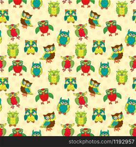 Seamless texture with colorful cartoon funny owls for children decoration on the beige pattern background