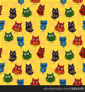 Seamless texture with colorful cartoon owls for baby decoration, the background can be used as a separate seamless pattern