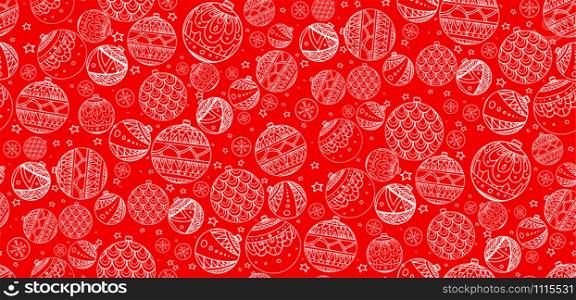 Seamless texture with colorful Christmas balls decorated with doodle pattern for your creativity