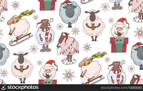 Seamless texture with colorful Christmas cartoon sheep. Vector background for wraps, wallpaper, fabric and your creativity. Seamless texture with colorful Christmas cartoon sheep. Vector b
