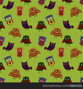 Seamless texture with colorful funny owls for baby decoration on the muted green pattern background