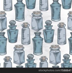 Seamless texture with colorful sketch bottles, flasks and jars on old paper background. Magical pharmacy objects. Vector engraving pattern for fabrics, wallpapers and your design.. Seamless texture with colorful sketch bottles, flasks and jars on old paper background. Magical pharmacy objects. Vector engraving pattern