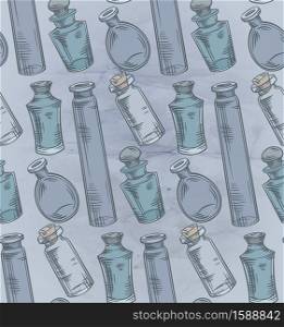 Seamless texture with colorful sketch bottles, flasks and jars on old paper background. Magical pharmacy objects. Vector engraving pattern for fabrics, wallpapers and your design.. Seamless texture with colorful sketch bottles, flasks and jars on old paper background. Magical pharmacy objects. Vector engraving pattern