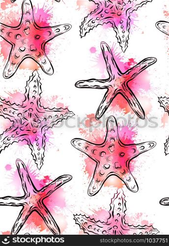 Seamless texture with contour starfishes with pink watercolor splashes. Vector pattern for fabrics, backgrounds, wallpapers and your creativity. Seamless texture with contour starfishes with pink watercolor splashes.