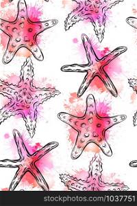 Seamless texture with contour starfishes with pink watercolor splashes. Vector pattern for fabrics, backgrounds, wallpapers and your creativity. Seamless texture with contour starfishes with pink watercolor splashes.