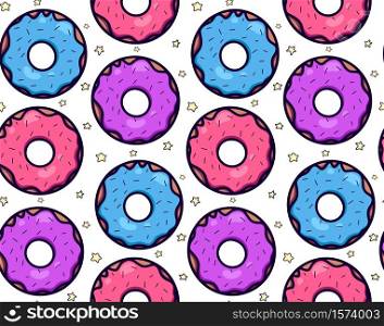 Seamless texture with cute, kawai colorful donut with little stars on white background. Vector pattern for textiles, fabrics, wrapping paper, cards and for your design. Seamless texture with cute, kawai colorful donut with little stars on white background. Vector pattern