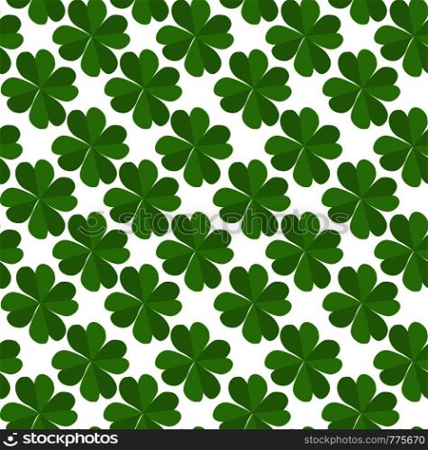 Seamless texture with flat lucky four-leaf clover on a white background. Vector pattern for your creativity. Seamless texture with flat lucky four-leaf clover